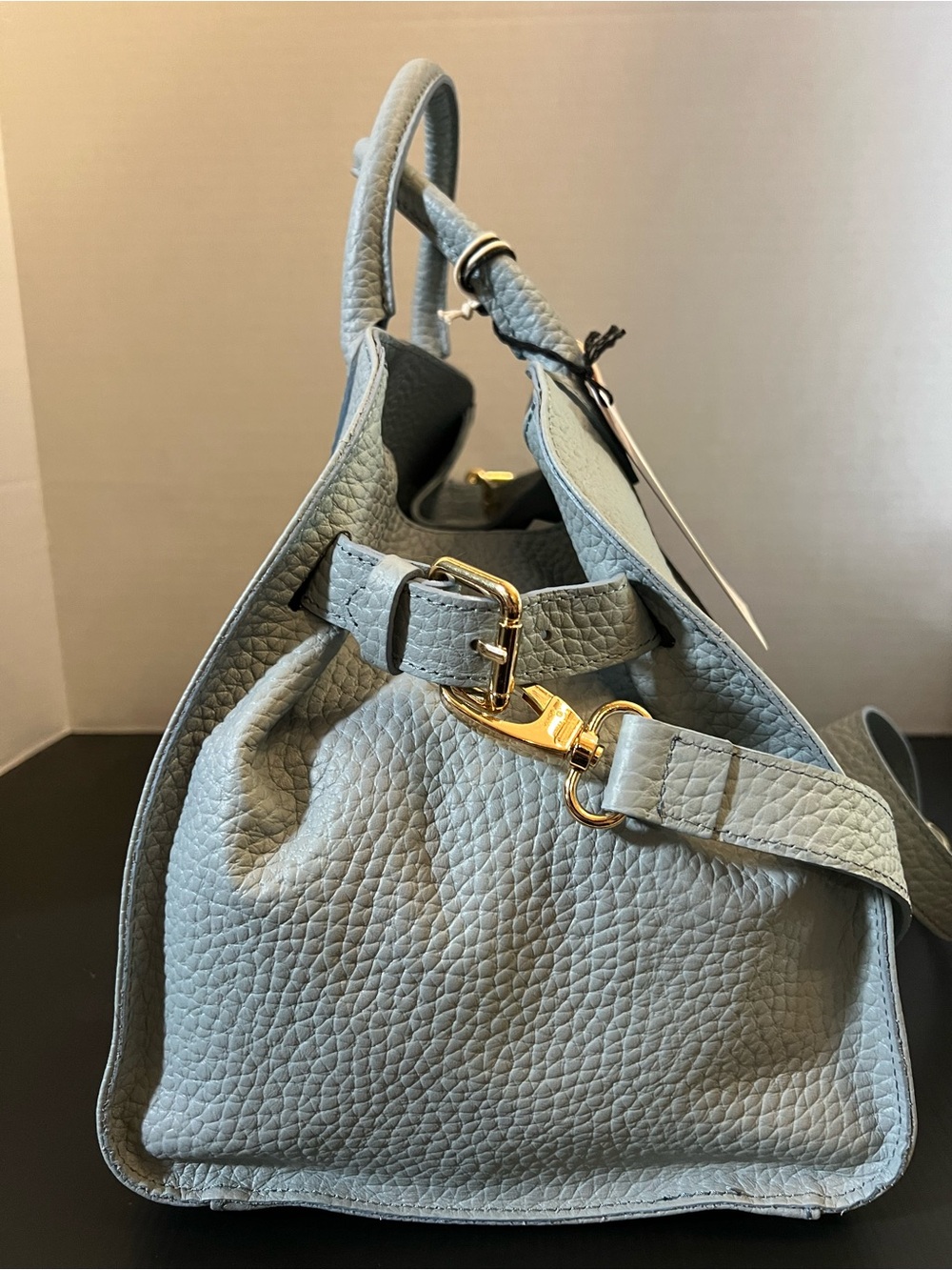 Light Blue Structured Leather Satchel Bag with Strap - Picture 4 of 9